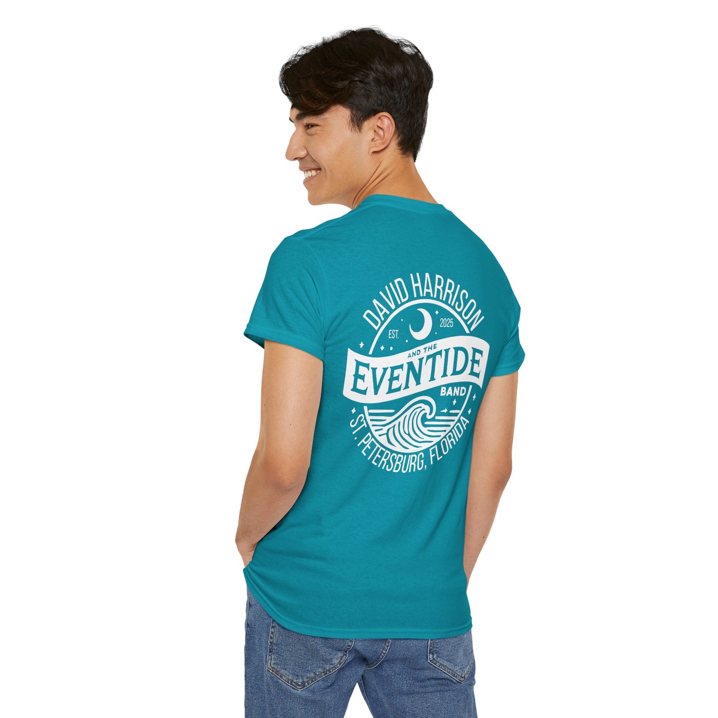 David Harrison & Eventide Band Official Logo T-Shirt – Tropical Blue with White Back Print