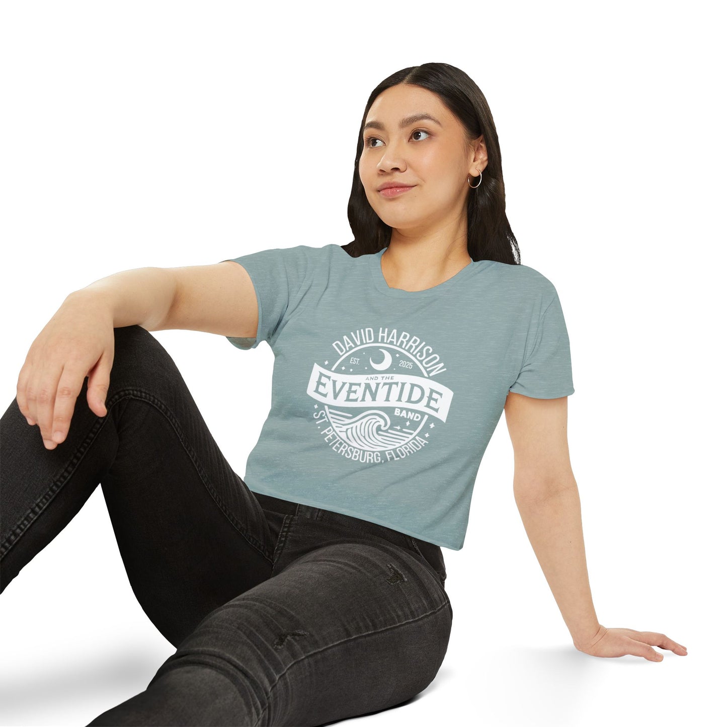David Harrison & The Eventide Band | Official Logo | Festival Crop Top | Stonewash Green with White Front Print