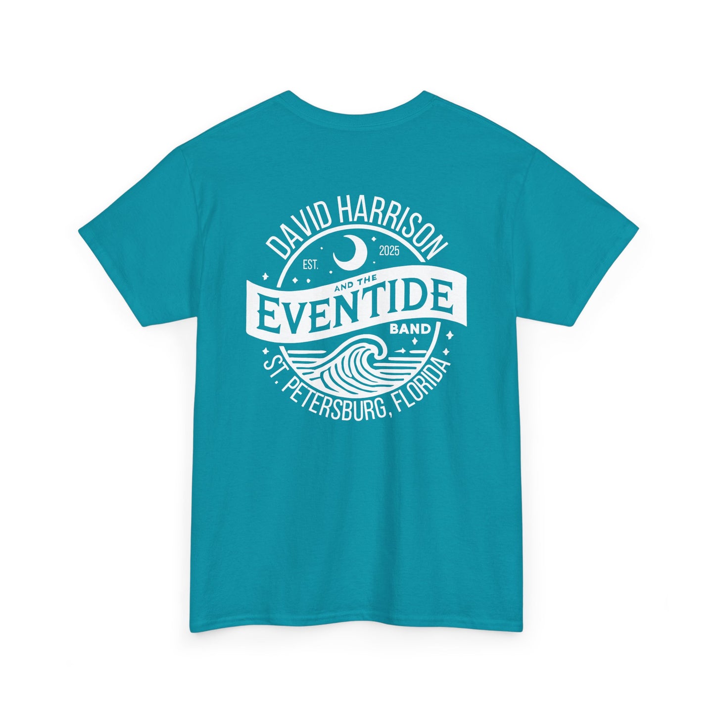 David Harrison & Eventide Band Official Logo T-Shirt – Tropical Blue with White Back Print