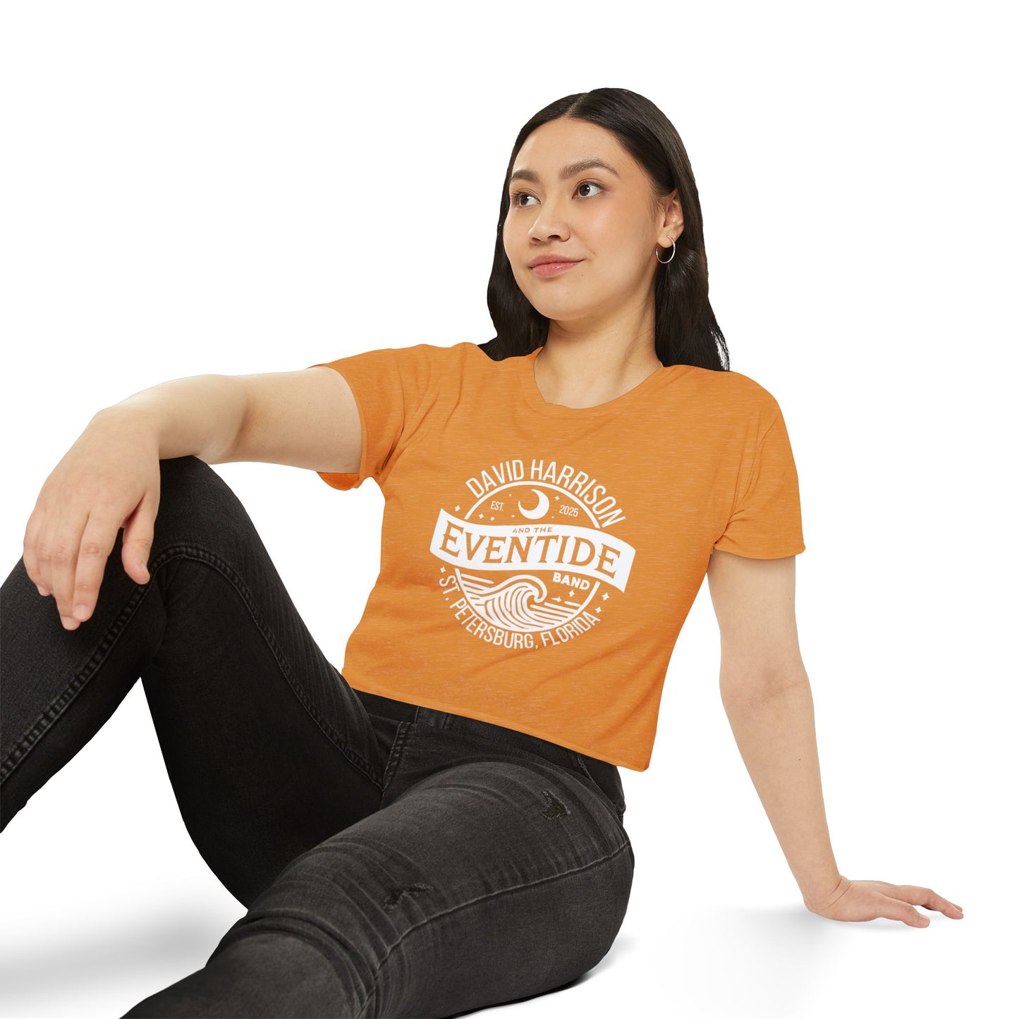 David Harrison & The Eventide Band | Official Logo | Festival Crop Top | Antique Gold with White Front Print
