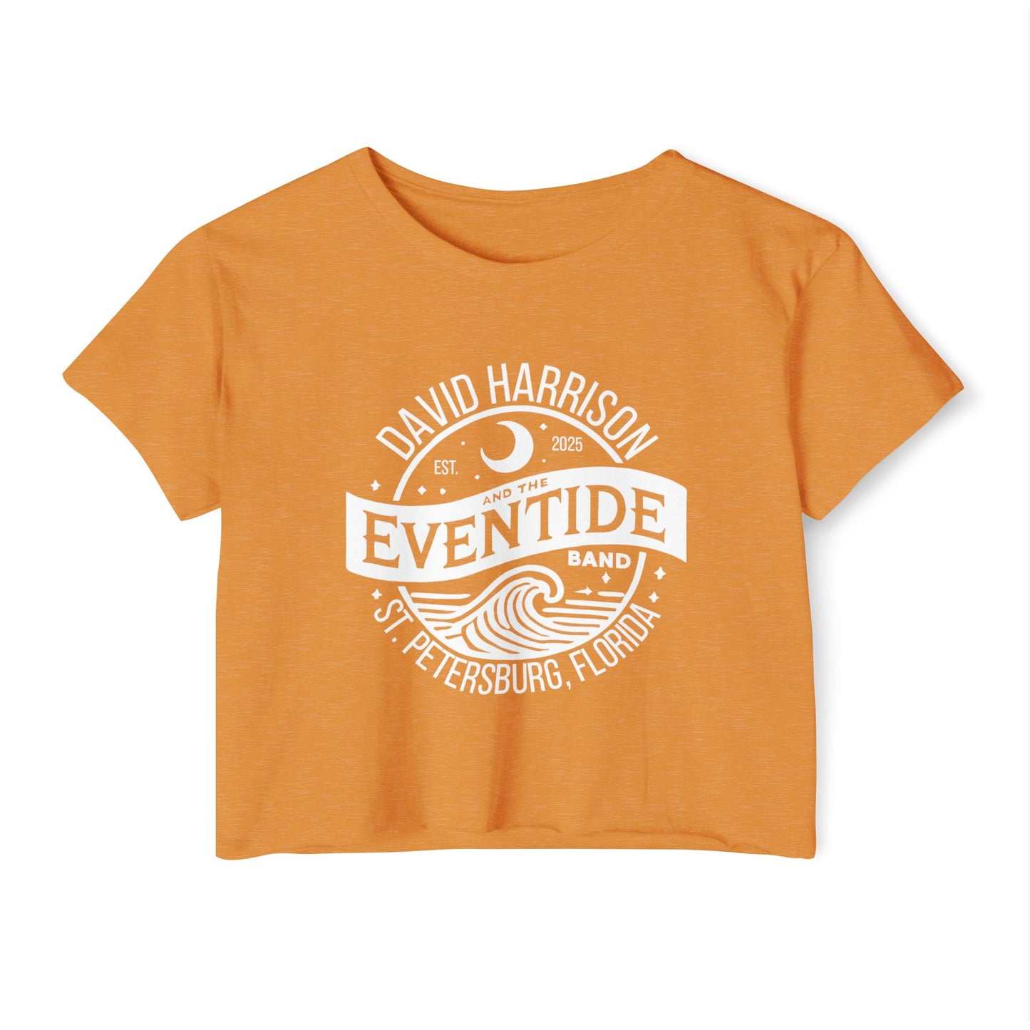 David Harrison & The Eventide Band | Official Logo | Festival Crop Top | Antique Gold with White Front Print