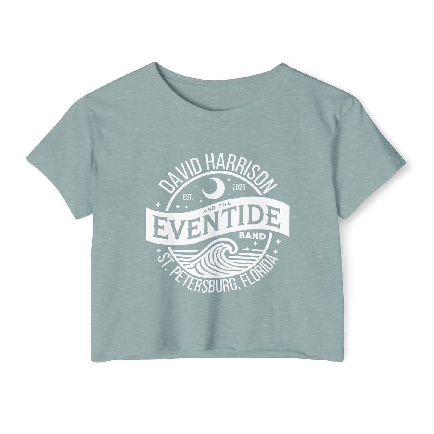David Harrison & The Eventide Band | Official Logo | Festival Crop Top | Stonewash Green with White Front Print