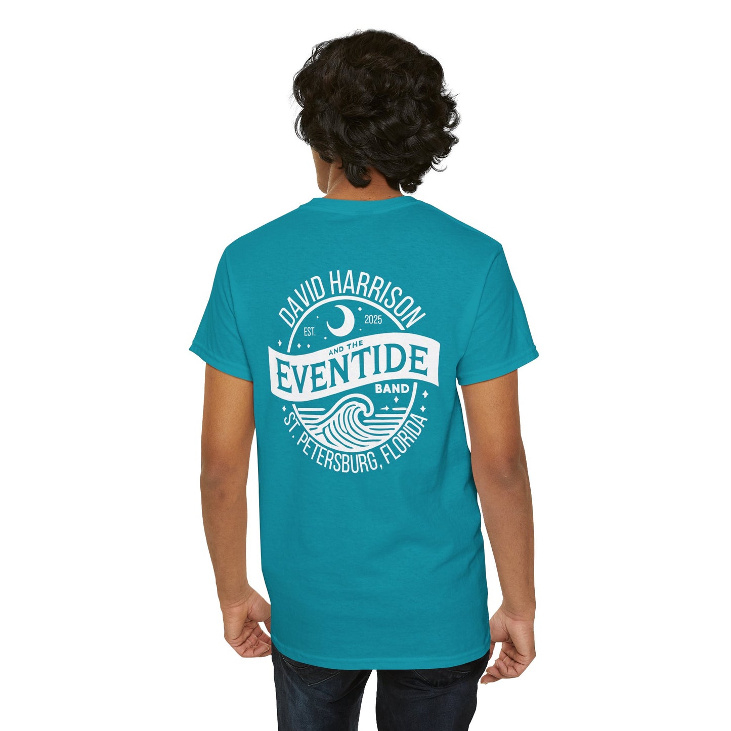 David Harrison & Eventide Band Official Logo T-Shirt – Tropical Blue with White Back Print